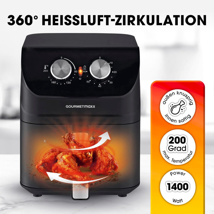 GOURMETmaxx Heissluftfritteuse 4 L | Airfryer mit Timerfunktion & Edelstahl Heizelement | praktische