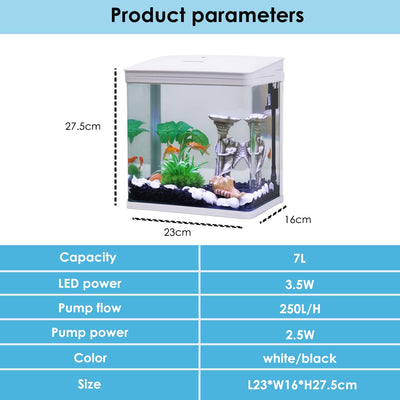 Nobleza - 7L Mini Aquarium Komplettset, Nano Aquarium Stabiles Einsteigerbecken mit LED-Beleuchtung