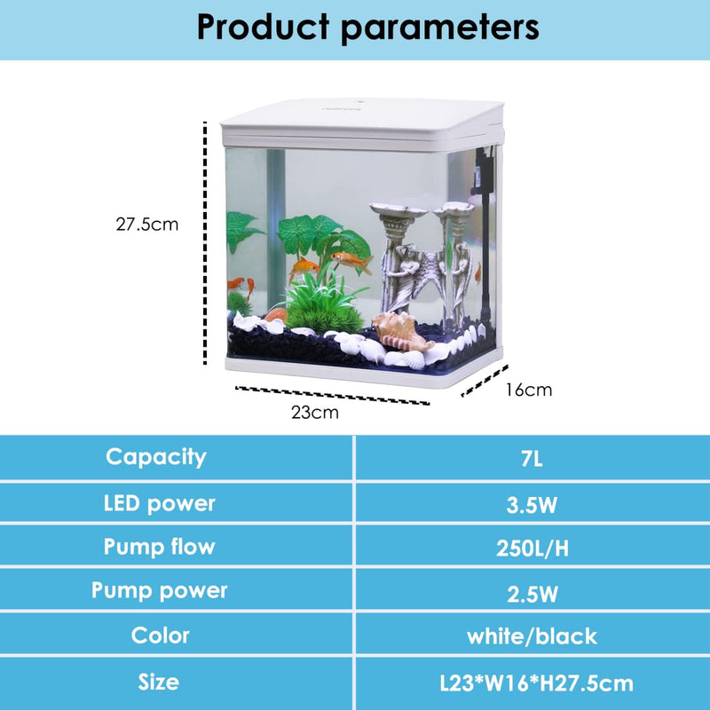 Nobleza - 7L Mini Aquarium Komplettset, Nano Aquarium Stabiles Einsteigerbecken mit LED-Beleuchtung