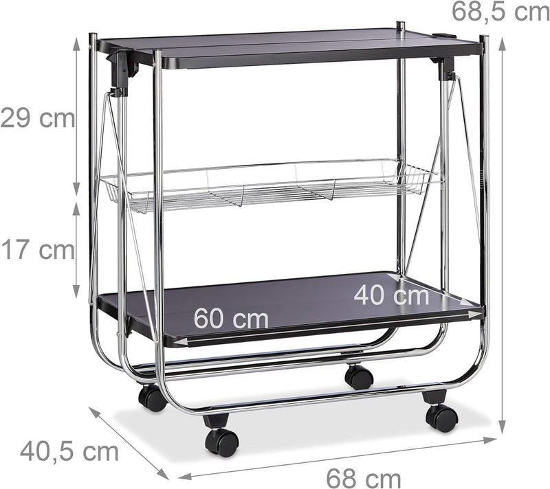 Relaxdays Servierwagen klappbar, 4 Rollen, Metall, 2 Böden, Gitterkorb, HxBxT 68,5 x 68 x 40,5 cm, K