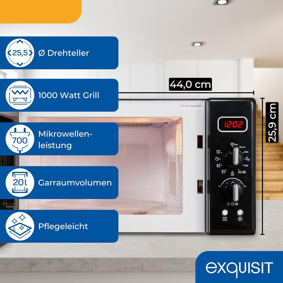 Exquisit Retro-Mikrowelle 700 Watt, 25,5 cm Drehteller, 1000 Watt Grill, 20L, 5 Leistungsstufen, Tim