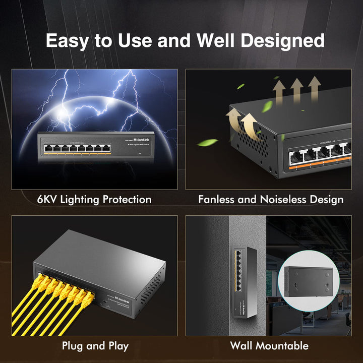 MokerLink 8 Port Gigabit PoE Switch, 8 PoE+ Ports 1000Mbps, 802.3af/at 120W, Unmanaged Plug and Play