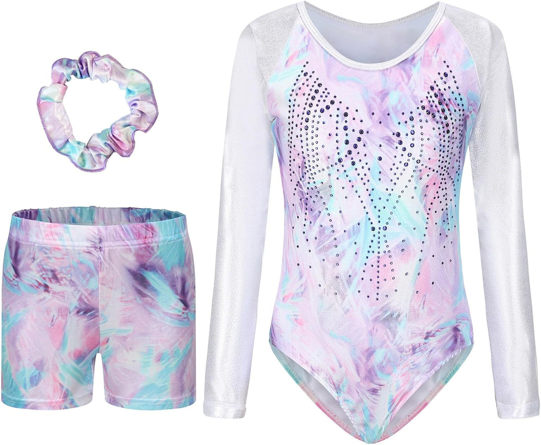 SEAUR Mädchen Turnanzug Turnshorts Haarband Set Kinder Turnen Trikot Shorts Gymnastik Ärmellos/Langa