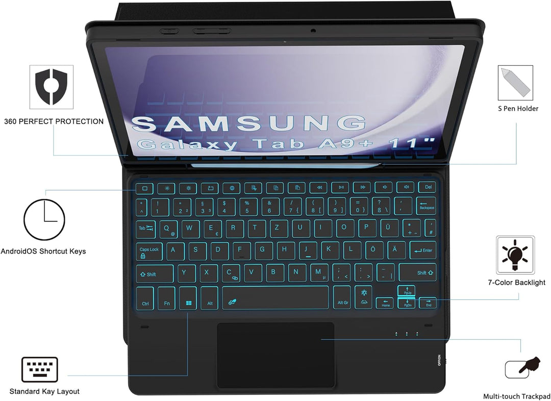 Für Galaxy Tab A9+ Hülle mit Tastatur - 7 Farben Beleuchtung Abnehmbare Trackpad Tablet Cover - Bele