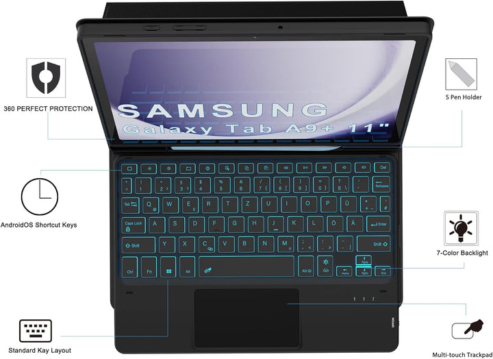 Für Galaxy Tab A9+ Hülle mit Tastatur - 7 Farben Beleuchtung Abnehmbare Trackpad Tablet Cover - Bele