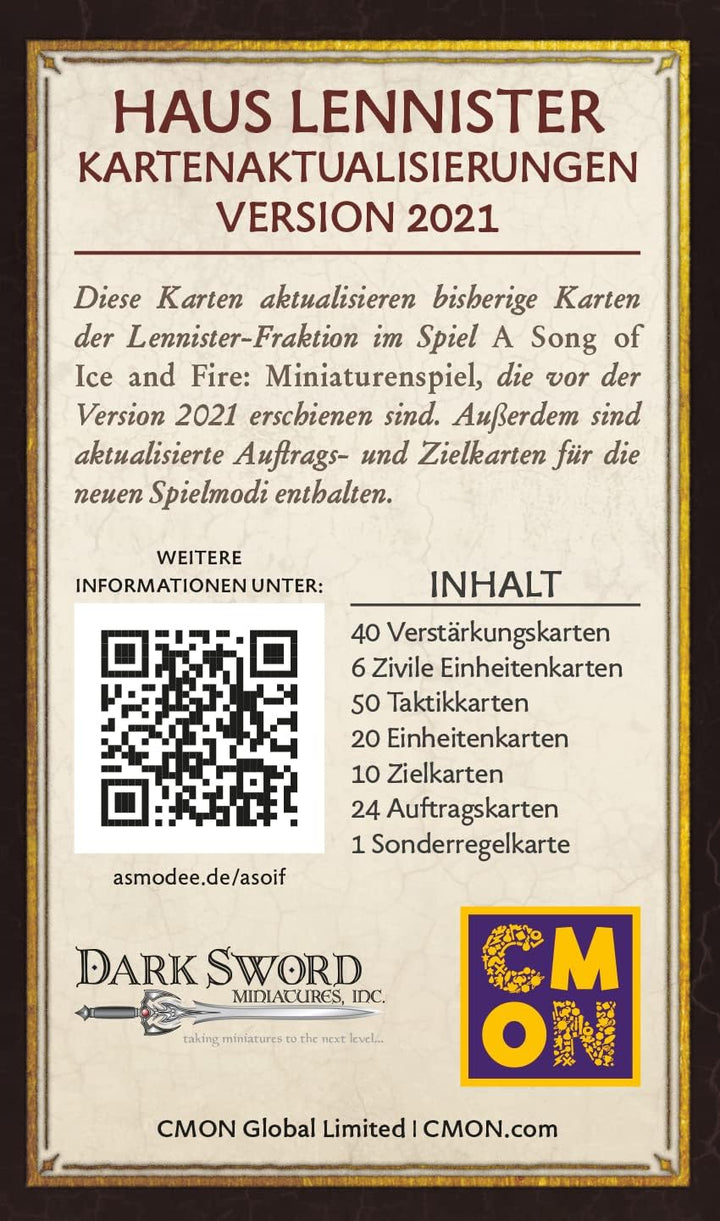 CMON, A Song of Ice & Fire – Haus Lennister Kartenaktualisierungen, Erweiterung, Tabletop, 2 Spieler