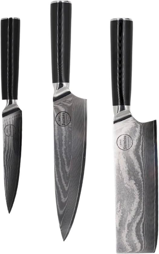 Japanische Messerset 3-teilig, Black Kollektion, 100% Damastmesser, Geliefert in luxuriöser Geschenk