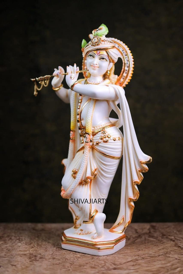 Krishna-Statue – 43,2 cm stehender Marmor-Lord Krishna Murti, Spielflöte Hase, Krishna Idol Hindu-Go