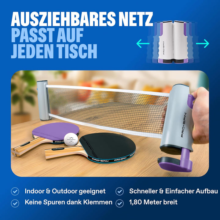 PRO-SPIN Tischtennisschläger Set - Mit Tischtennisnetz Für Jeden Tisch, Tischtennis bälle 3-Sterne,