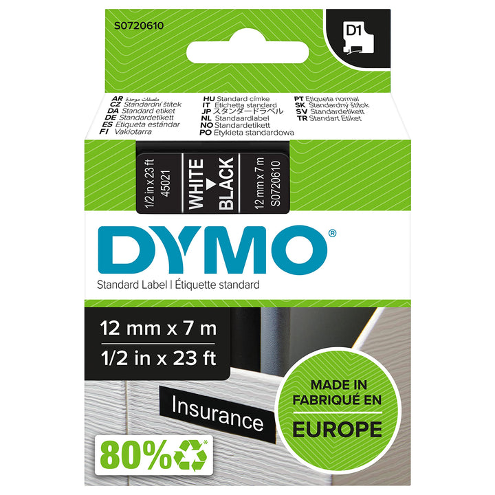 DYMO Original D1-Etikettenband | weiss auf schwarz | 12 mm x 7 m | selbstklebendes Schriftband | für