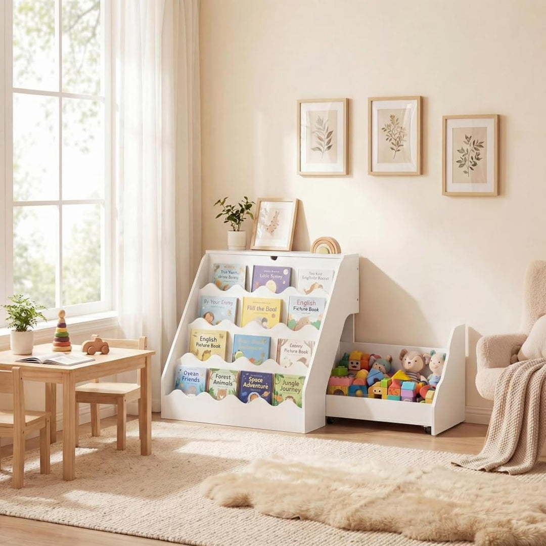 RELAX4LIFE Bücherregal Kinder, Montessori Kinderregal mit 4 Fächern, Klappplatte & Schublade auf Rol