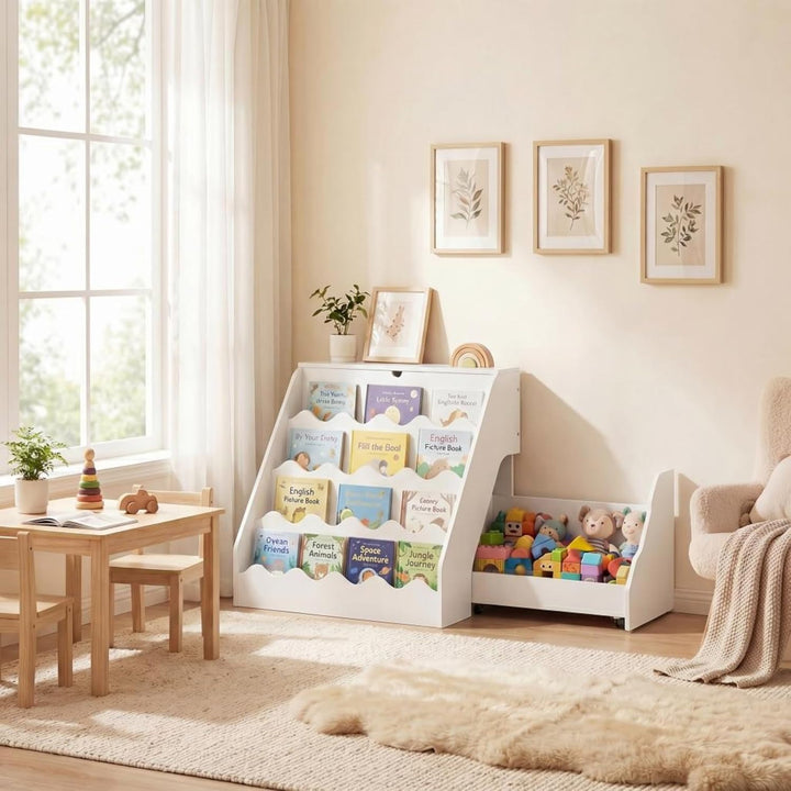 RELAX4LIFE Bücherregal Kinder, Montessori Kinderregal mit 4 Fächern, Klappplatte & Schublade auf Rol