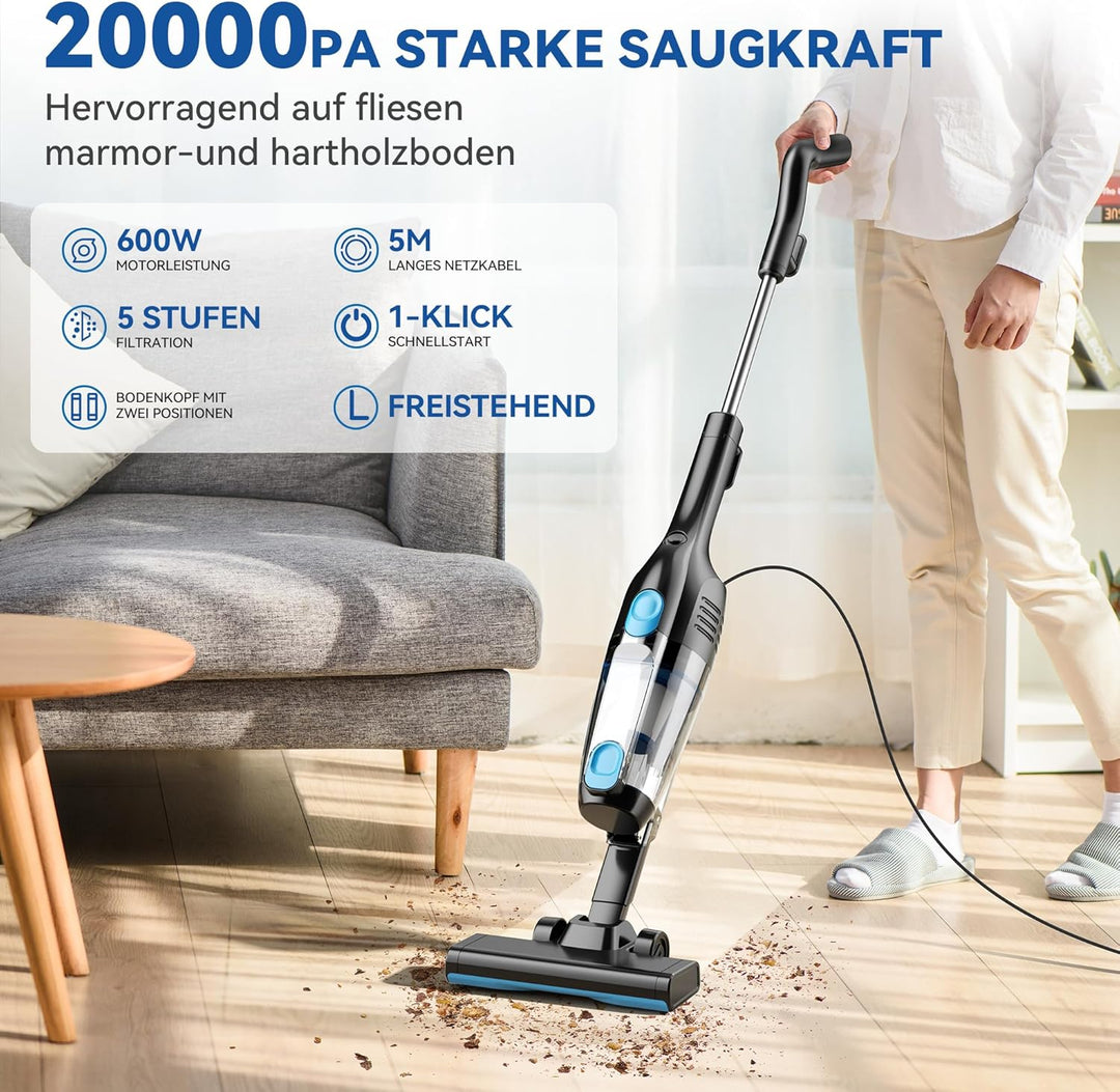 Staubsauger, Stielstaubsauger mit Kabel Handstaubsauger 20Kpa 600W, 3 in 1 Staubsauger Beutellos mit