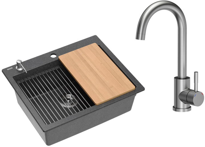 VBChome Set Spülbecken mit Armatur 60 x 50 cm Schwarz Spülmittelspender Siphon Matte Planke Granit S