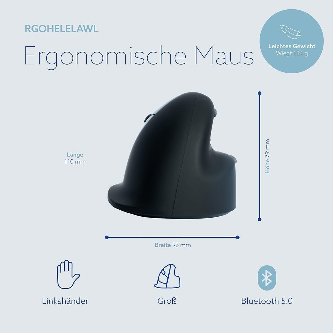 R-Go Tools HE Maus, Ergonomische Design, Vertikale Maus für Linkshänder, Gross (Handlänge über 185mm