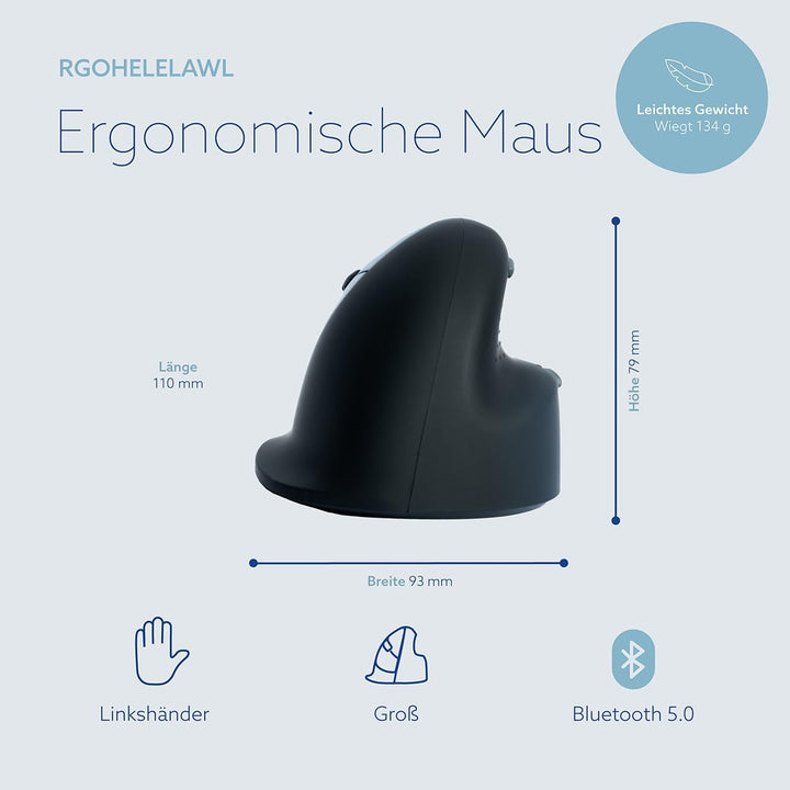 R-Go Tools HE Maus, Ergonomische Design, Vertikale Maus für Linkshänder, Gross (Handlänge über 185mm