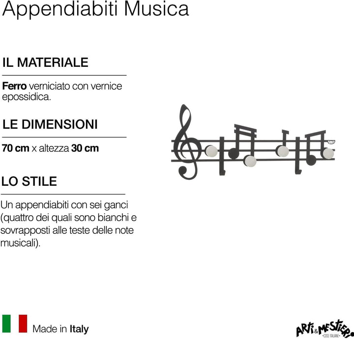 Arti & Mestieri Musica - Design Garderobe 100% Made in Italy - aus Eisen, 70 x 30 cm - Schwarz geprä