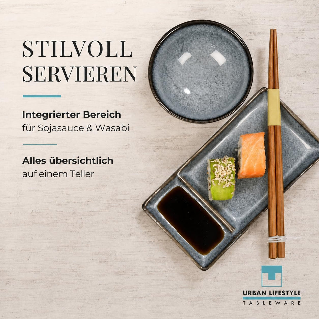 Sushi Geschirr set "Misaki" Graublau für 2 Person, Sushi Set Japanischer Geschirr für Miso Suppe Mak