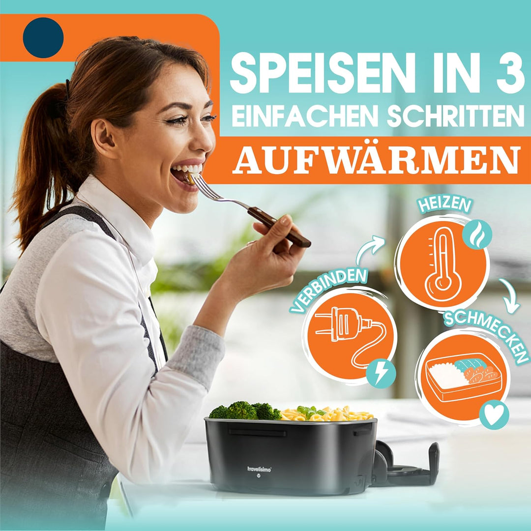 TRAVELISIMO Elektrische Lunchbox 80W Essensbox Warmes Mittagessen, 1,5L Wärmebox für Speisen 3-in-1