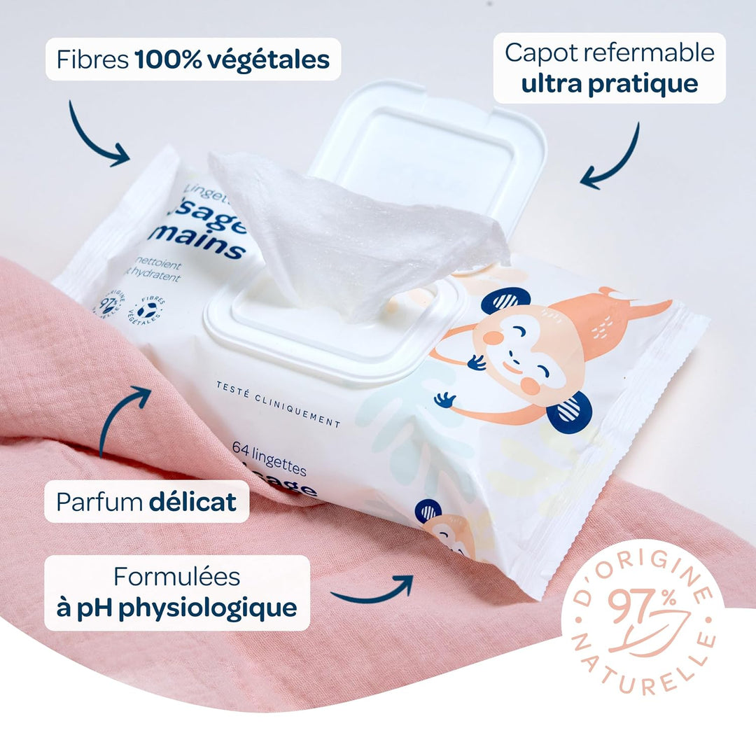 BIOLANE - Babytücher für Gesicht und Hände – 6 Packungen – 384 Tücher (6 x 64 cm) – reinigt und schü