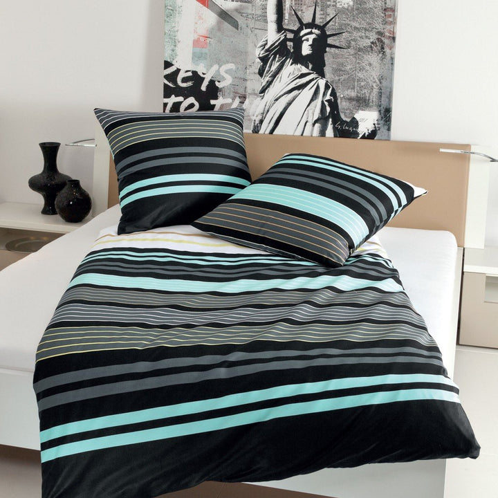 Janine Bettwäsche J.D. 8464 02 Aqua Graphit Streifen Mako Satin, Grösse:200x200 cm + 2 x 80x80 cm, 2