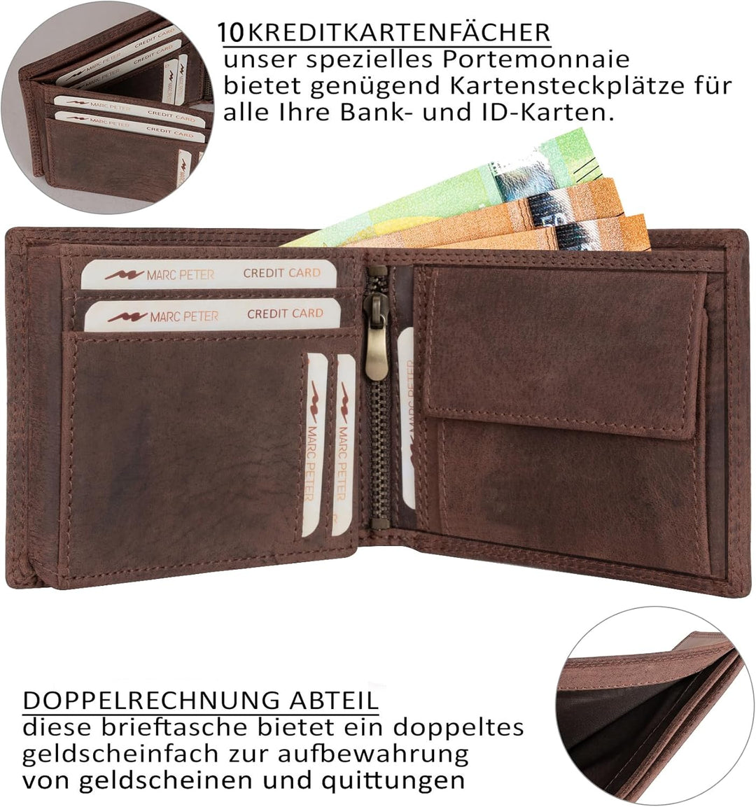 Marc Peter® Echt-Leder Geldbörse Hanover | Geldbeutel für Herren mit RFID-Schutz | Gross 10 Fächer P