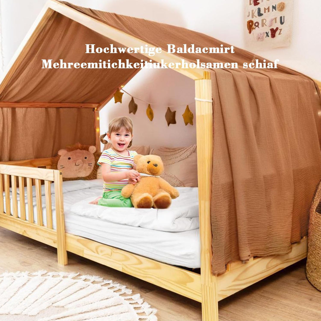 Hausbett Himmel, Hausbett Deko Set, 100% Bio-Musselin Baumwolle, Stoffhimmel für Hausbett Deko Mädch