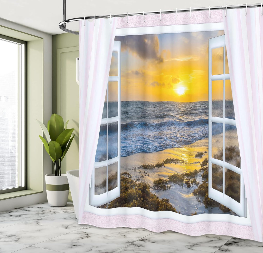 ABAKUHAUS Küsten Duschvorhang, Open Window Sonnenaufgang Meer, Stoffliches Gewebe Badezimmerdekorati