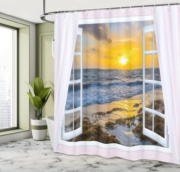 ABAKUHAUS Küsten Duschvorhang, Open Window Sonnenaufgang Meer, Stoffliches Gewebe Badezimmerdekorati