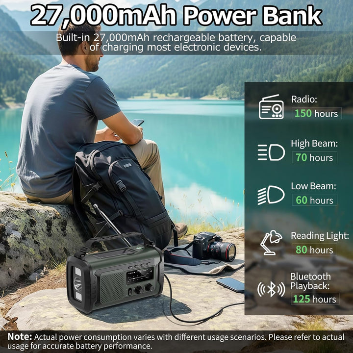 Kurbelradio 27000mAh, Notfallradio Solar Kurbel FM/AM Mit Bluetooth, SOS Alarm Emergency Radio, Kurb