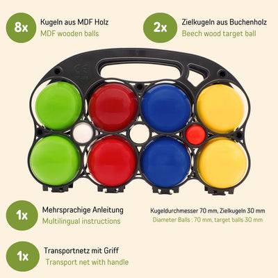 GICO Boccia Spiel aus Holz, vollfarben lackiert mit 8 Kugeln, Durchmesser 7 cm - 3013