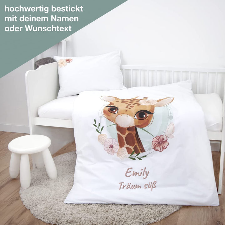 Wolimbo Bettwäsche - Giraffe Motiv - personalisierbar - 100 x 135 cm - Babybettwäsche - Kinderbettwä
