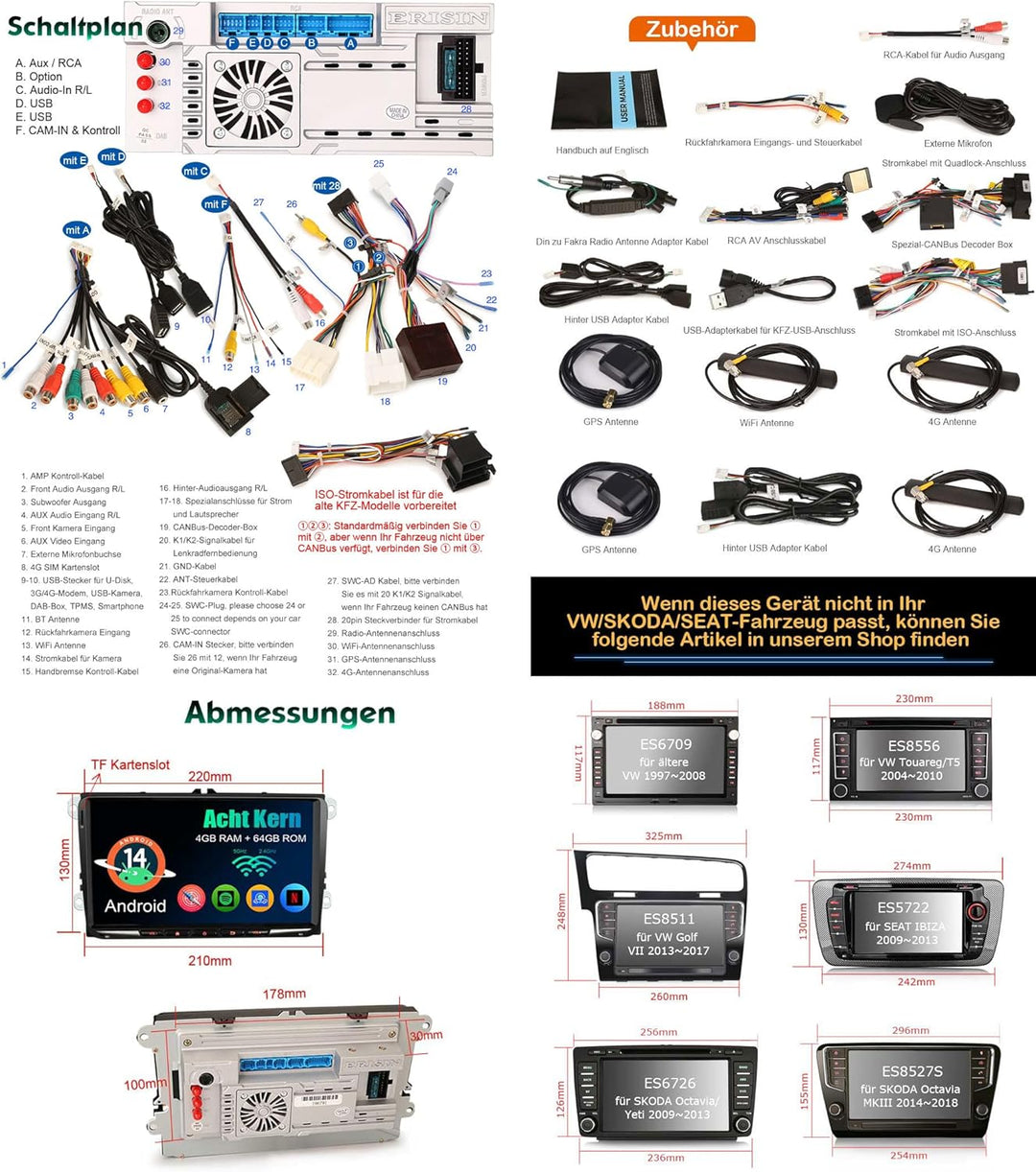 Erisin 9 Zoll Android 14 Acht-Kern 4GB+64GB DAB+ Autoradio Für VW Passat B6 Golf 5 Golf 6 Tiguan Tou