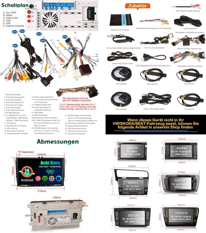 Erisin 9 Zoll Android 14 Acht-Kern 4GB+64GB DAB+ Autoradio Für VW Passat B6 Golf 5 Golf 6 Tiguan Tou