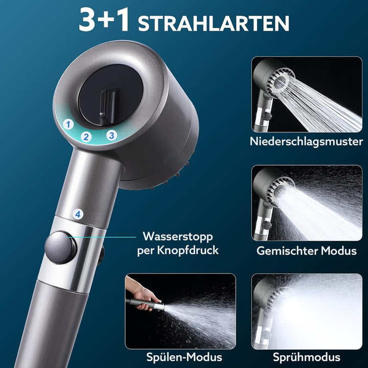 Duschkopf mit Filtera – Hochdruck Duschkopf aus Chrom mit 15-Stufen Wasserfilter, 4 Modi & Stopptast