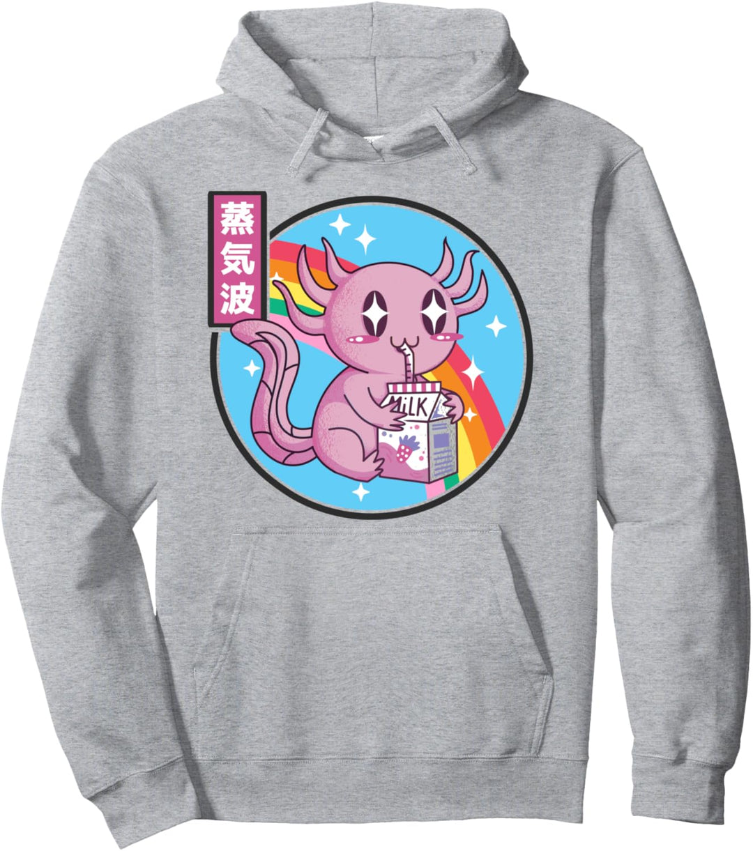 Axolotl Trinkende Erdbeermilch Japan Otaku Vaporwave Anime Pullover Hoodie