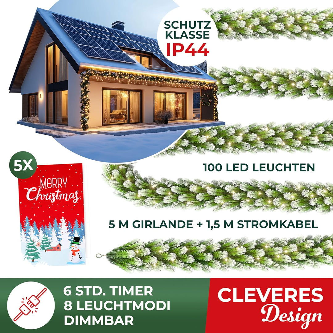 KESSER® Weihnachtsgirlande 5m mit Beleuchtung 100 LEDs - 6 Stunden Timer - LED Kette 8 Leuchtmodi -