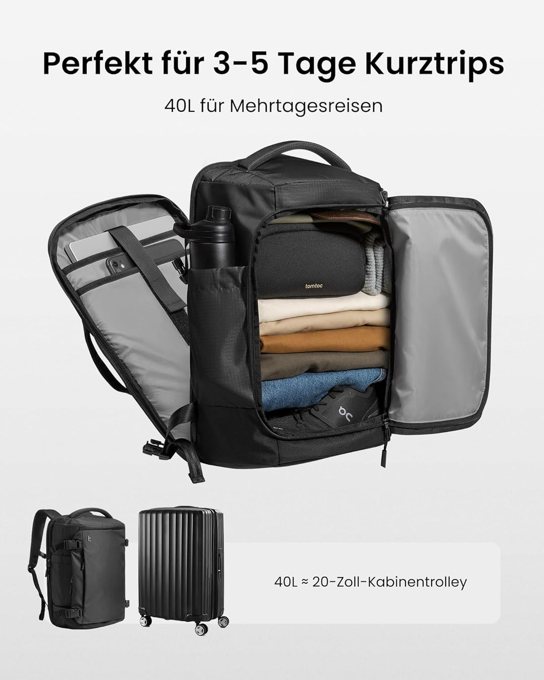tomtoc 40L Reiserucksack, TSA-freundlicher Handgepäck Rucksack, Wasserdichter Rucksack Handgepäck Fl