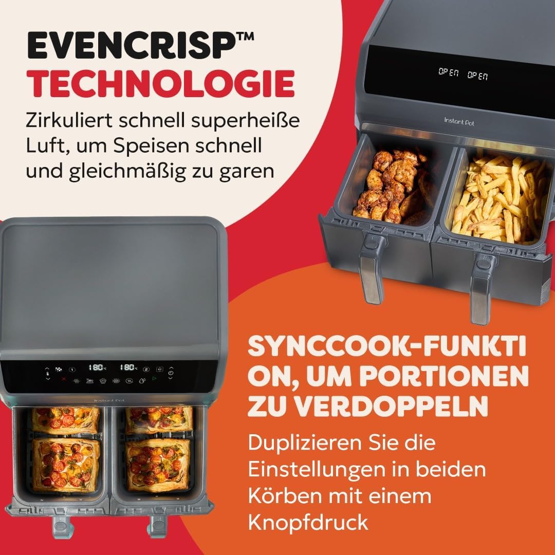 Instant Pot - Vortex Dual Trüffelgrau-Heissluftfritteuse - Gross, 8 l, Familiengrösse, zweifach, dop
