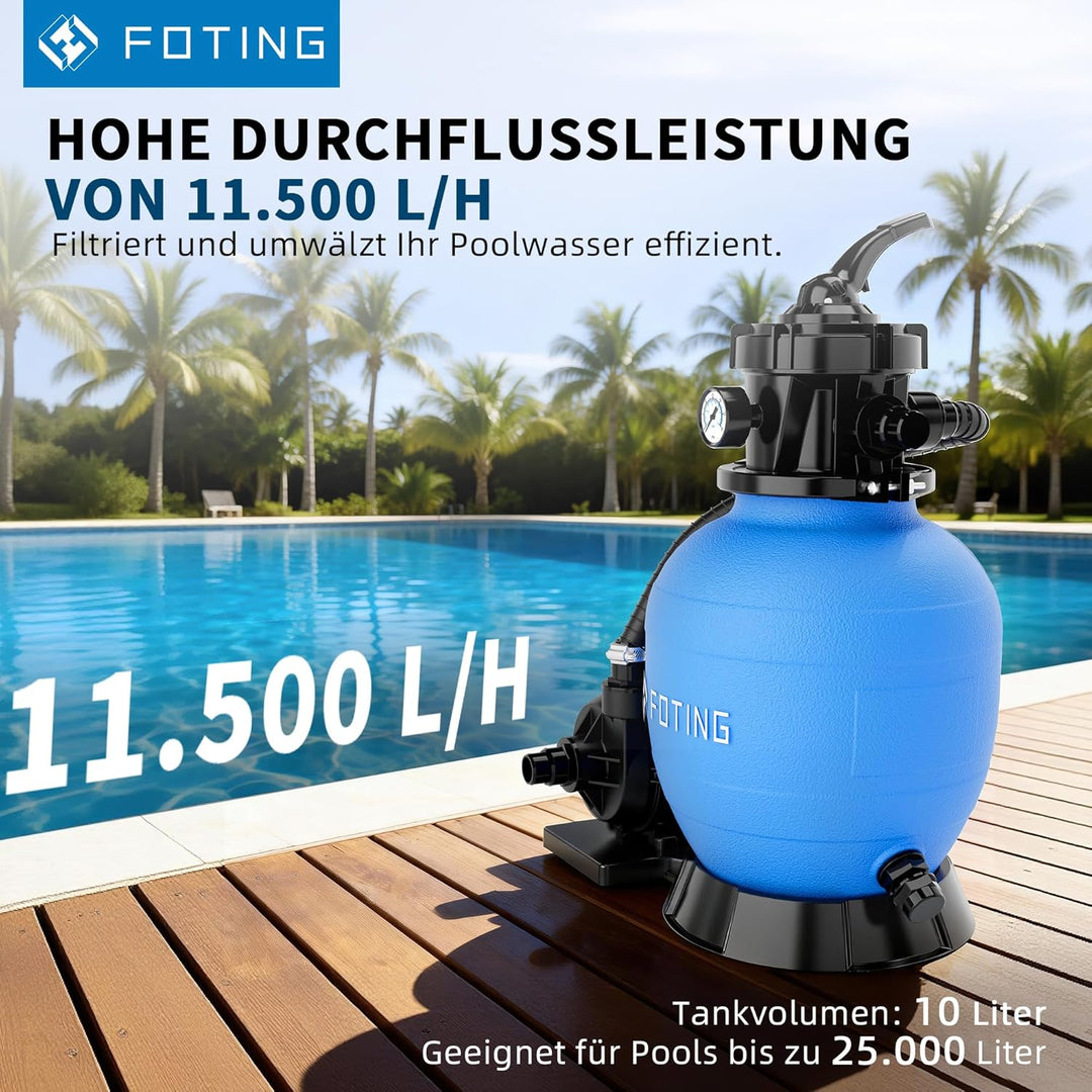 FOTING Poolpumpe 11.500 l/h, max. 10 m Förderhöhe, Schwimmbadpumpe für Swimmingpool &amp; Pool Garten -