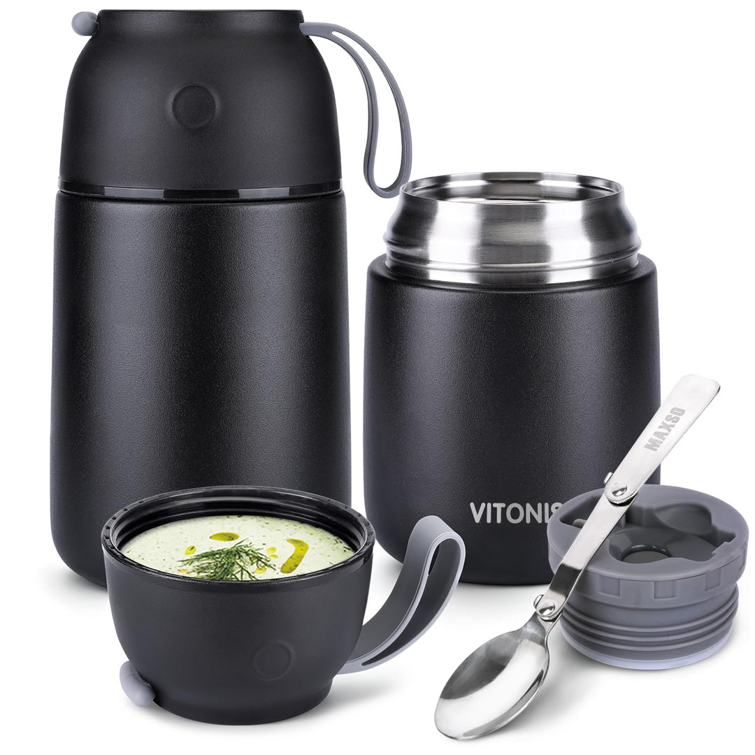 Thermobehälter für Essen 500ml &amp; 700ml Edelstahl Warmhaltebebehälter mit faltbaren Löffel, Speissen,