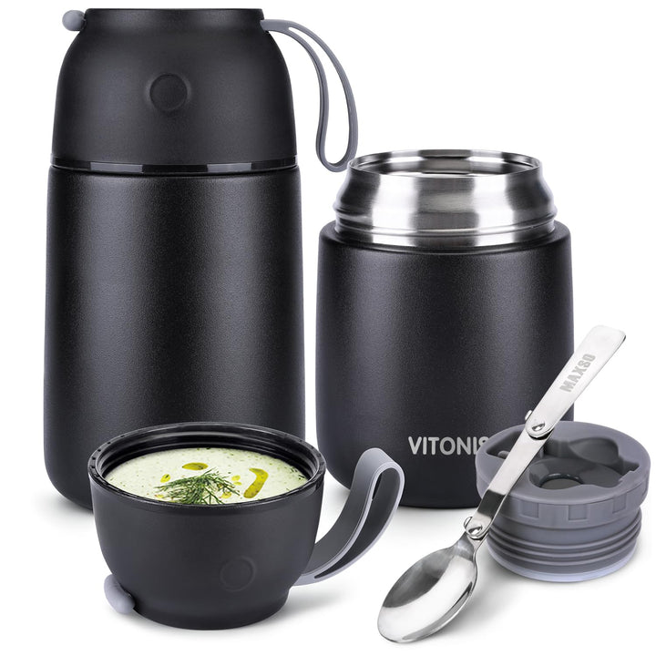 Thermobehälter für Essen 500ml &amp; 700ml Edelstahl Warmhaltebebehälter mit faltbaren Löffel, Speissen,