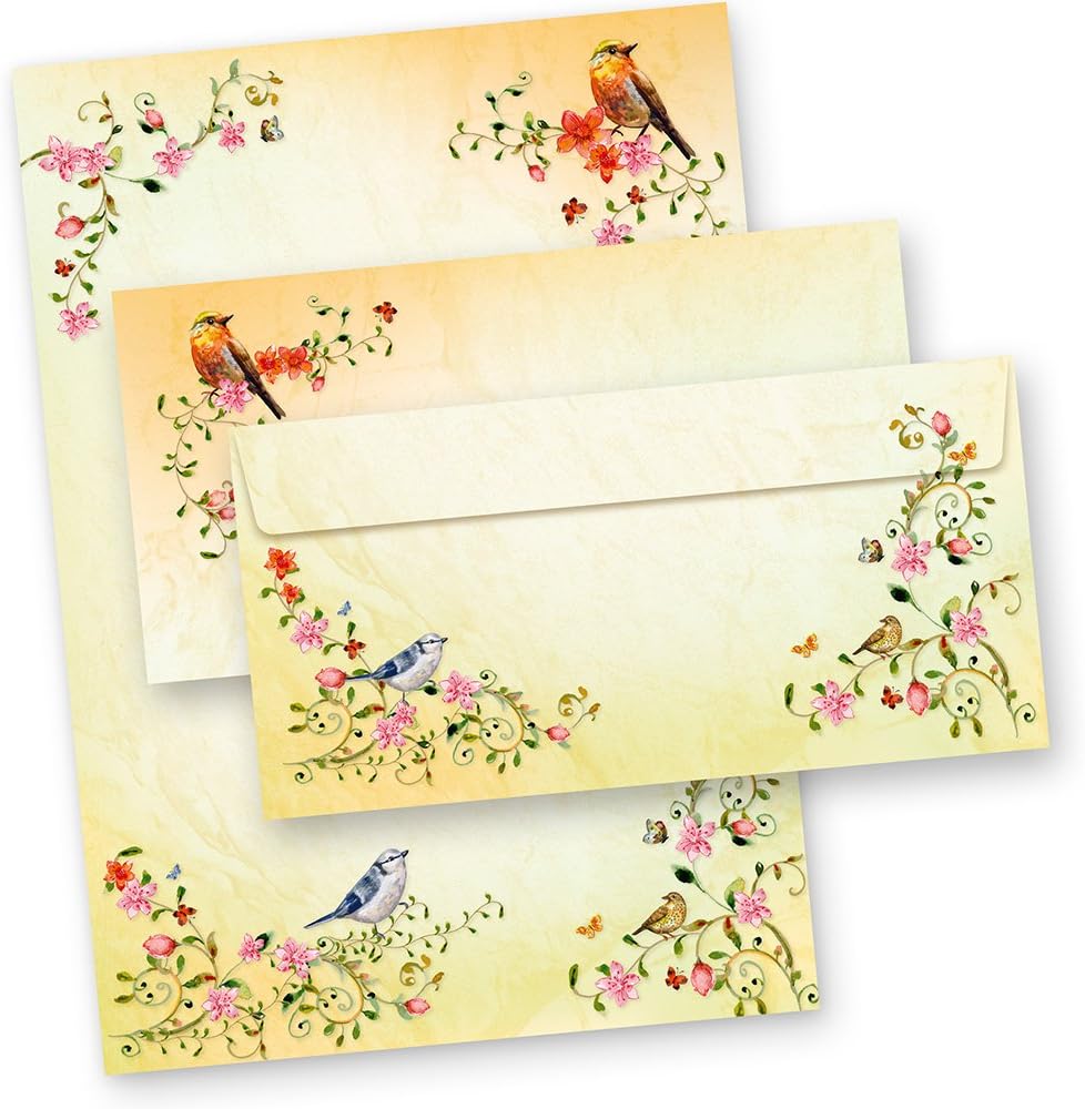 TOSKANA Briefpapier mit Umschlag Set Blumen und Vögel 25 Sets Hochwertiges Briefset bunt A4 Frauen E
