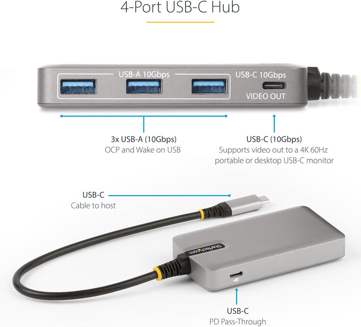 StarTech.com 4-Port USB-C Hub with DP Alt Mode Video Output 4K 60Hz 3x USB-A 1x 100W Power Delivery