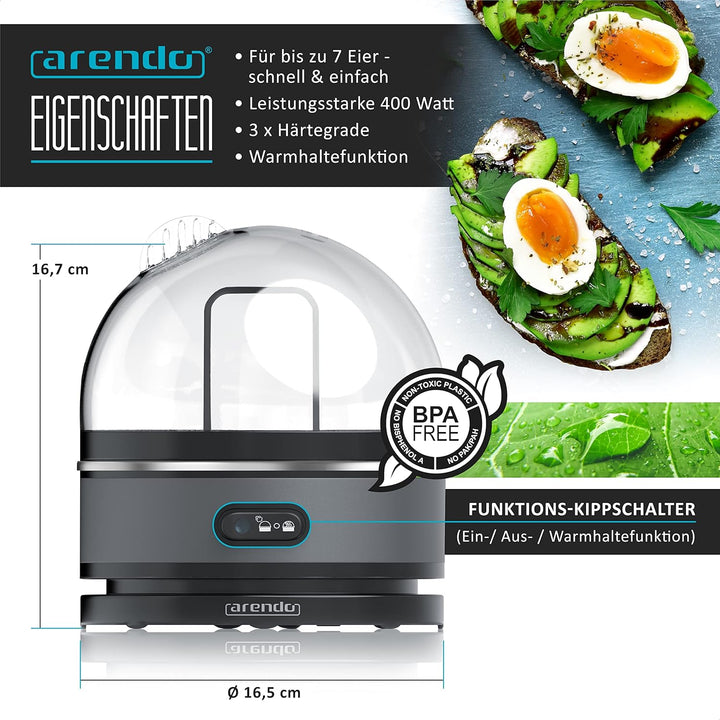 Arendo Sevencook Eierkocher 400 W – Edelstahl Design - 1-7 Eier - Egg Cooker - EIN/AUS-Schalter – 3