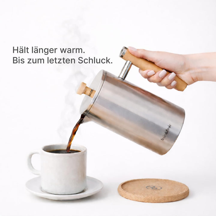 Buntfink French Press Thermo 1 Liter aus Edelstahl und Holz | Kaffeebereiter doppelwandig isoliert |