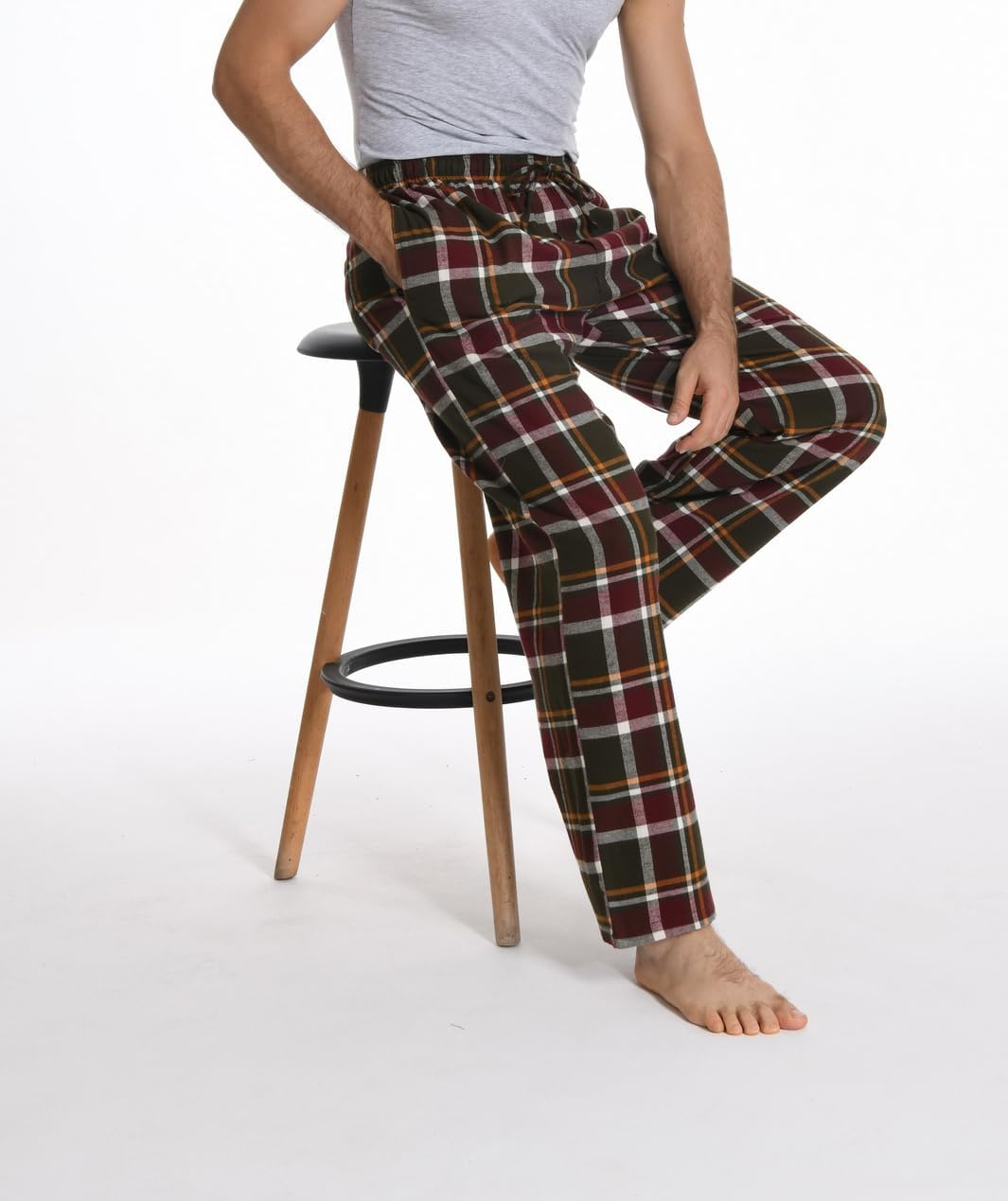Herren 100% Baumwolle Flanell Bequeme Pyjama/Lounge Bottoms mit Taschen, M Burgundy White Plaid