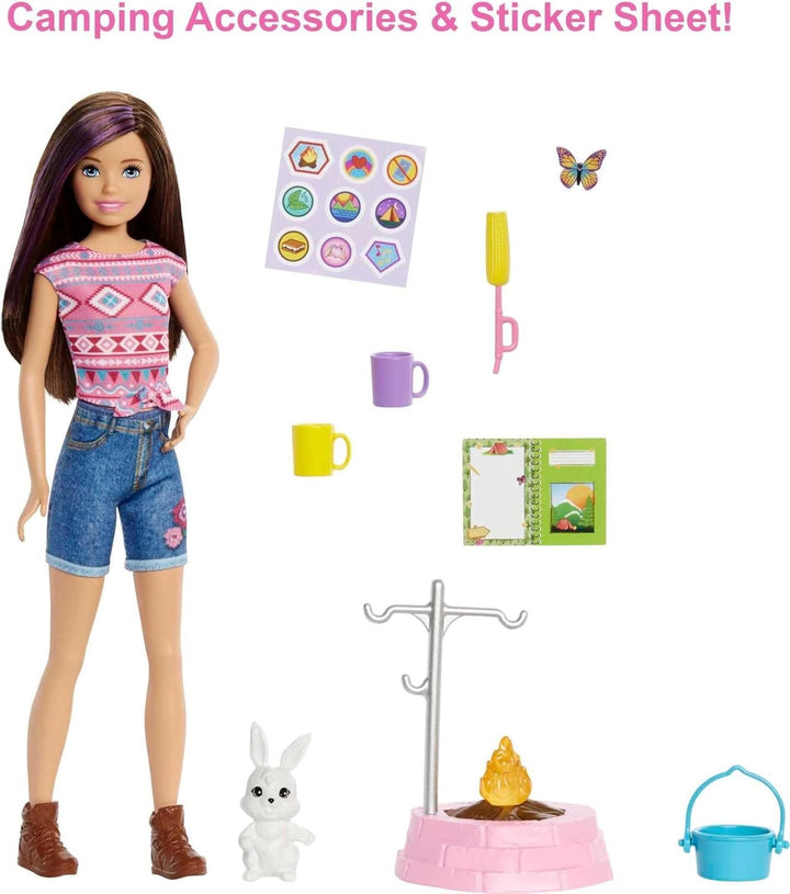 Barbie Camping Serie, Campingset mit Skipper-Puppe, Schmetterling, Hase, Camping Zubehör, Aufkleber,