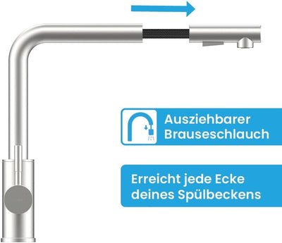 Bächlein Küchenarmatur Varvaro – 360 Grad schwenkbarer Wasserhahn für die Küche (gebürsteter Edelsta