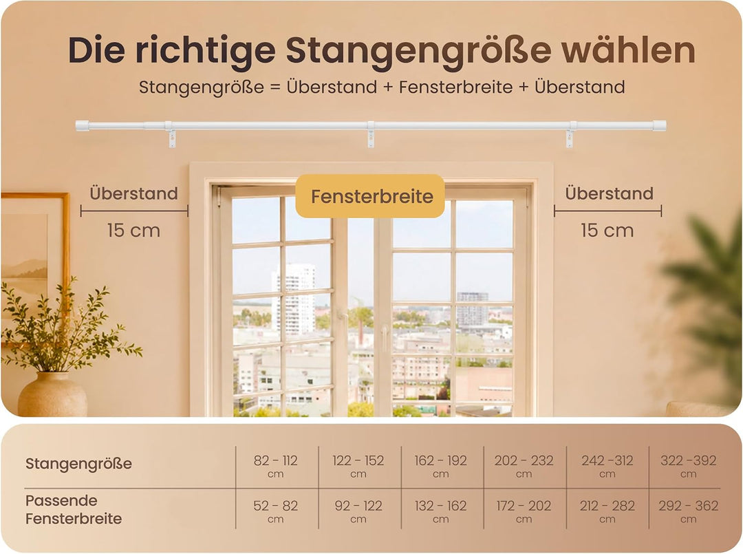 MEISENBERG Gardinenstange Ausziehbar Weiss, Wandmontage Set mit Halterungen Weiss 82-112 cm, Weiss 8
